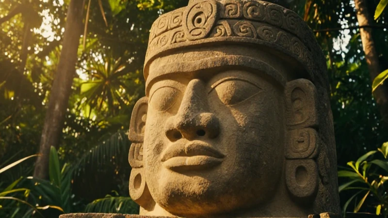 Cabeza Olmeca emerge del sol selvático