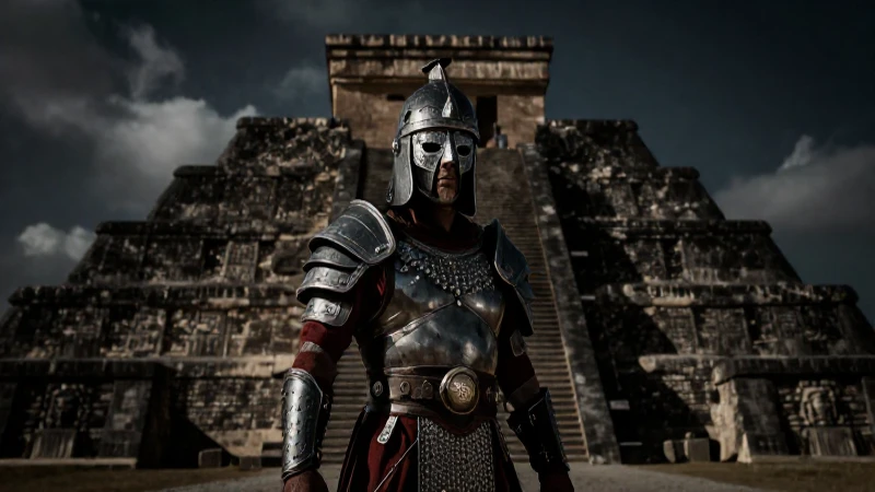 Guerrero tolteca ante pirámide oscura