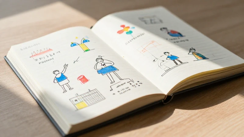 Cuaderno abierto con diagramas a la luz