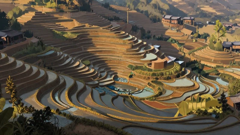 Campos antiguos y canales bajo el sol cálido