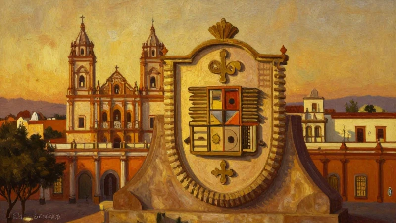 Sello de Tamaulipas, arquitectura colonial e iluminación dorada