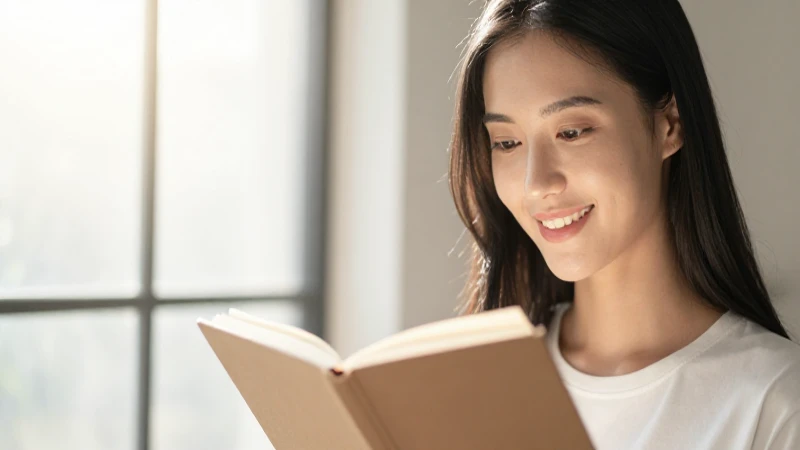 Joven sonriente y cuaderno bajo luz cálida