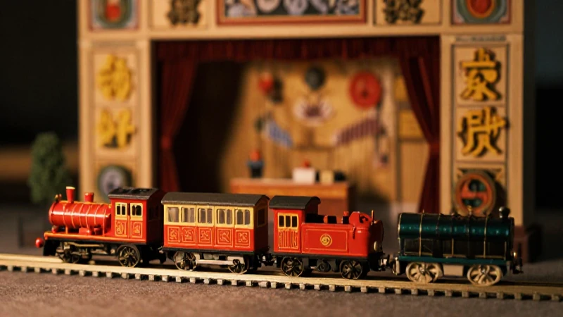 Tren antiguo con fondo teatral iluminado