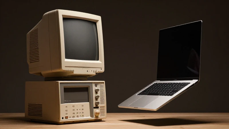 Stack retro, laptop moderna, luz cinematográfica