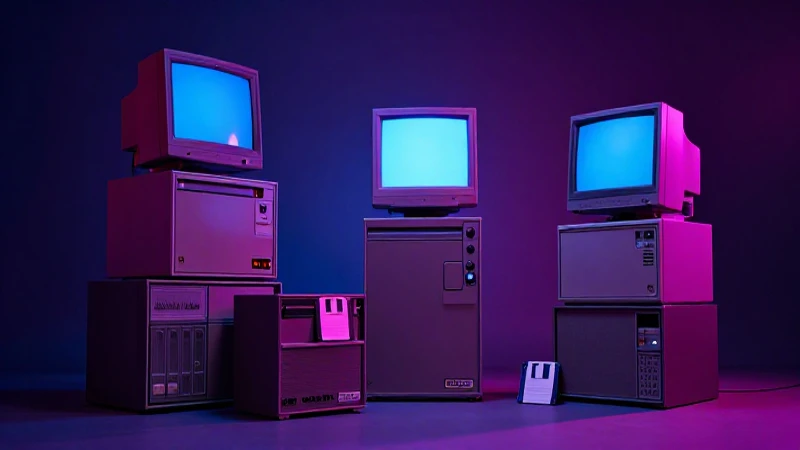Ordenadores antiguos, brillo neón, imagen cinematográfica