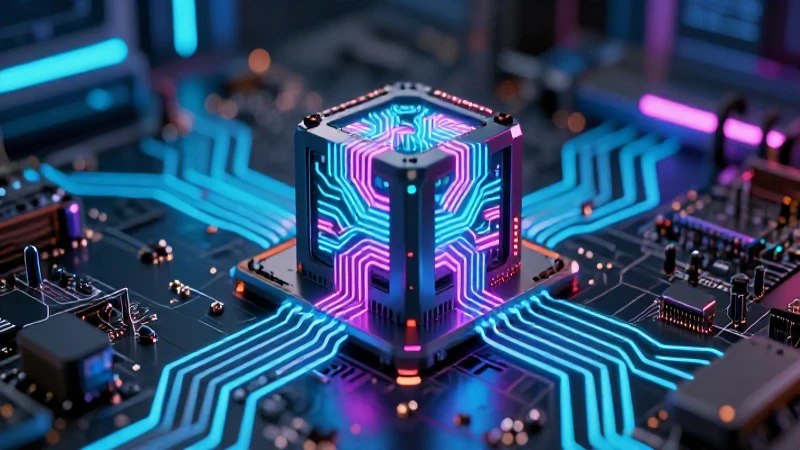 Computación cuántica futurista con luces neón