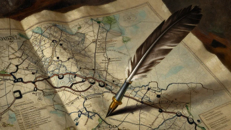 Retrato cercano de mapa con pluma antigua