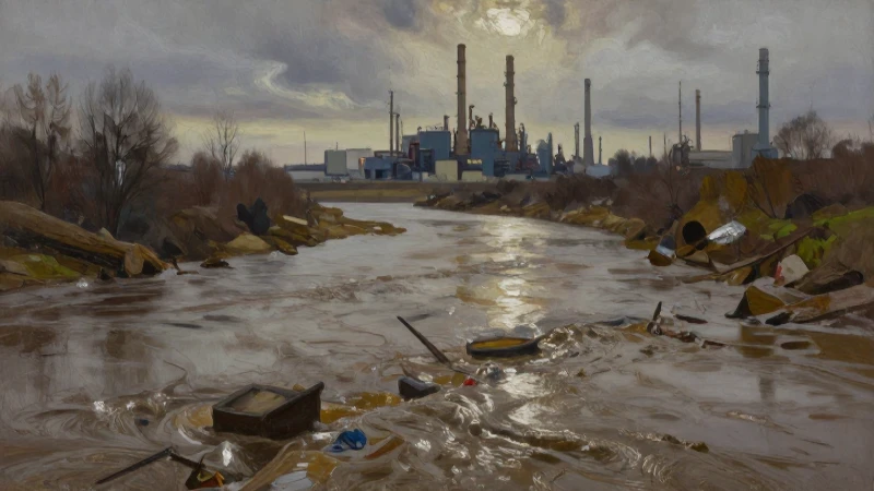 Río contaminado bajo iluminación cinematográfica