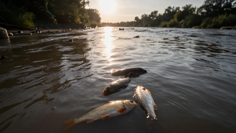 Río contaminado, peces mueren, luz dramática
