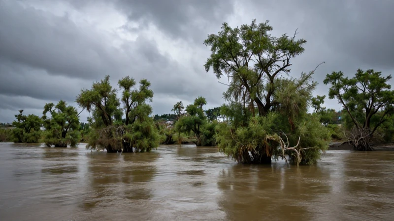 El río contaminado marchita los árboles bajo cielo nublado