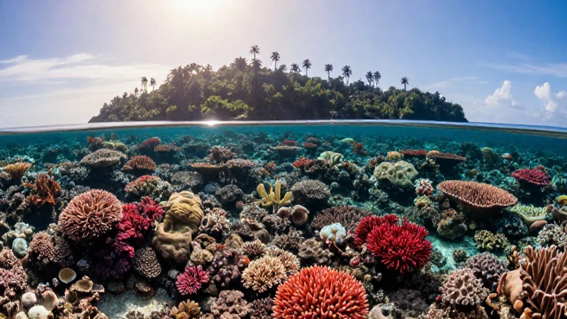Mapa conceptual y recursos visuales sobre Oceanía 6 Arrecife vibrante, isla exótica, luz suave