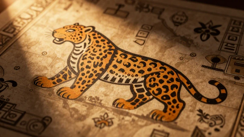Mapa náhuatl antiguo, jaguar iluminado cinematográficamente