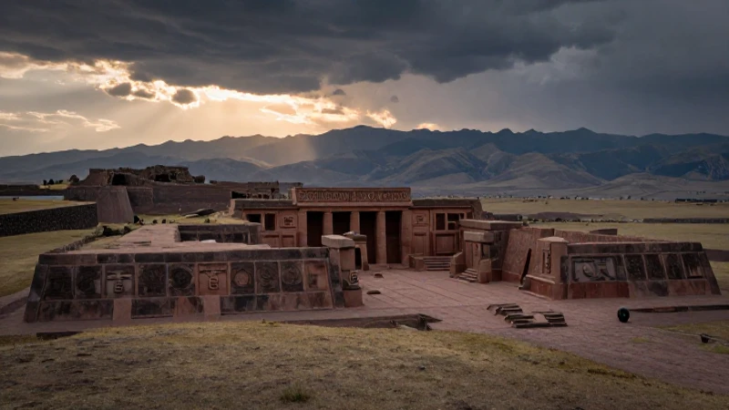 Tiahuanaco antiguo al atardecer, montañas imponentes