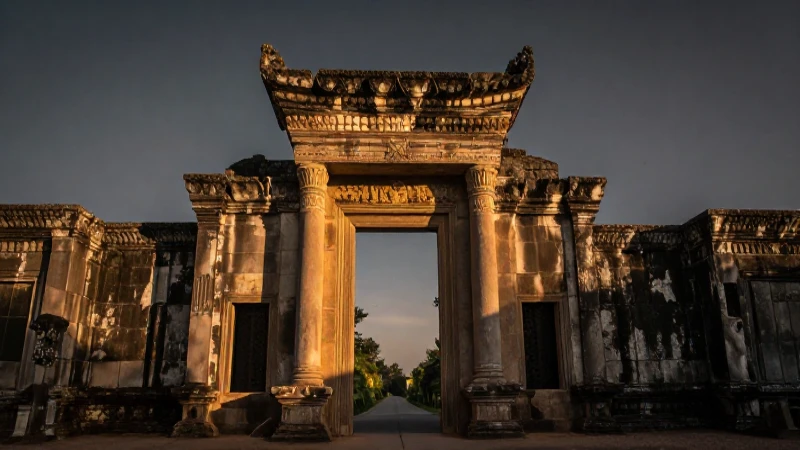 Ruinas antiguas brillan al atardecer dorado
