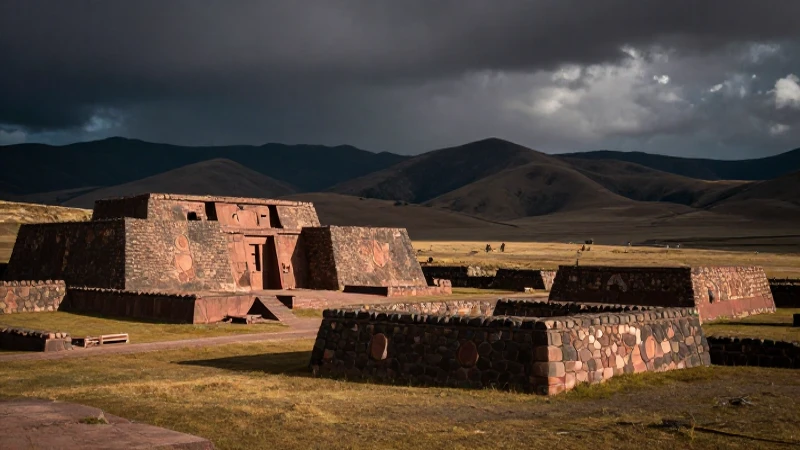 Ruinas de Tiahuanaco bajo paisaje andino dramático