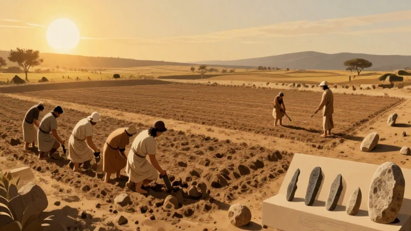 Agricultores neolíticos, herramientas antiguas, luz dorada
