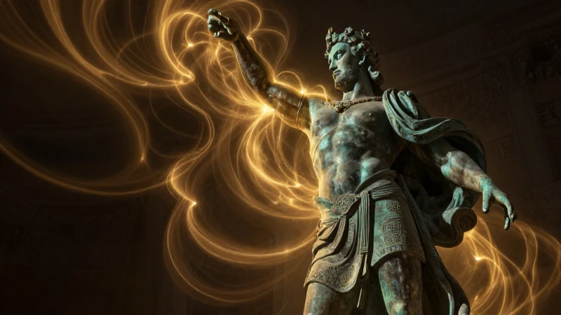 Estatua de héroe en bronce, luz dorada dramática