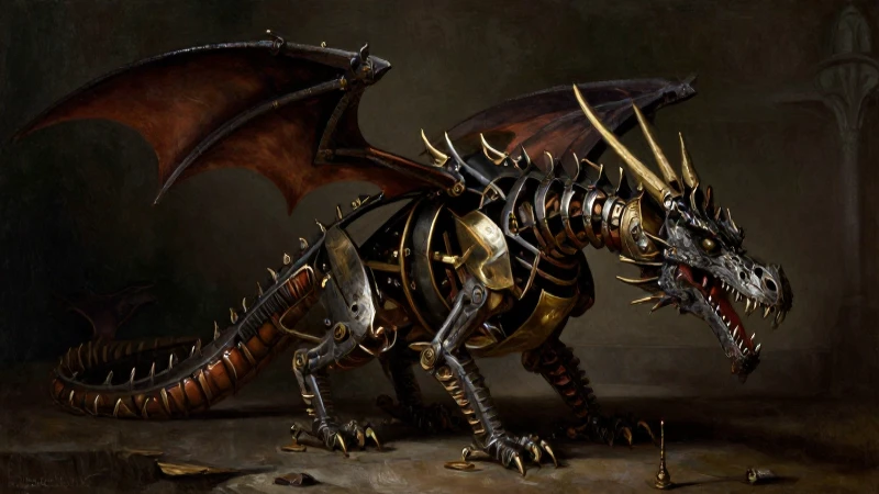 Dragón mecánico victoriano en óleo dramático