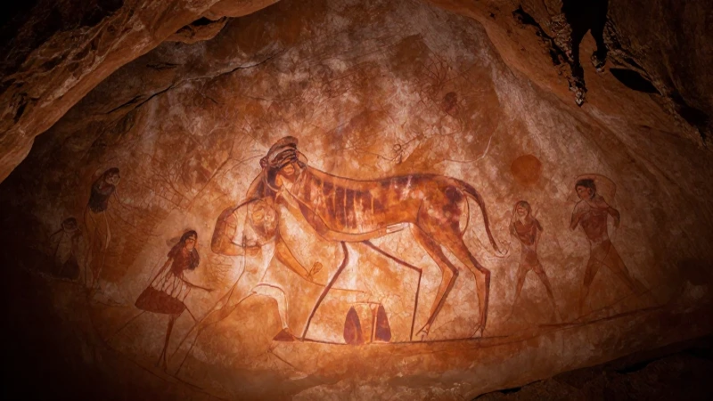 Pintura rupestre humana iluminada con óxido