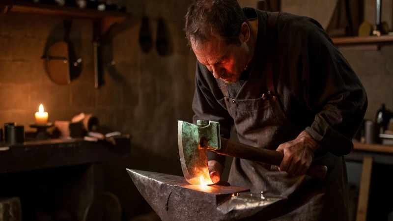 Herrero forja hacha de bronce a la luz