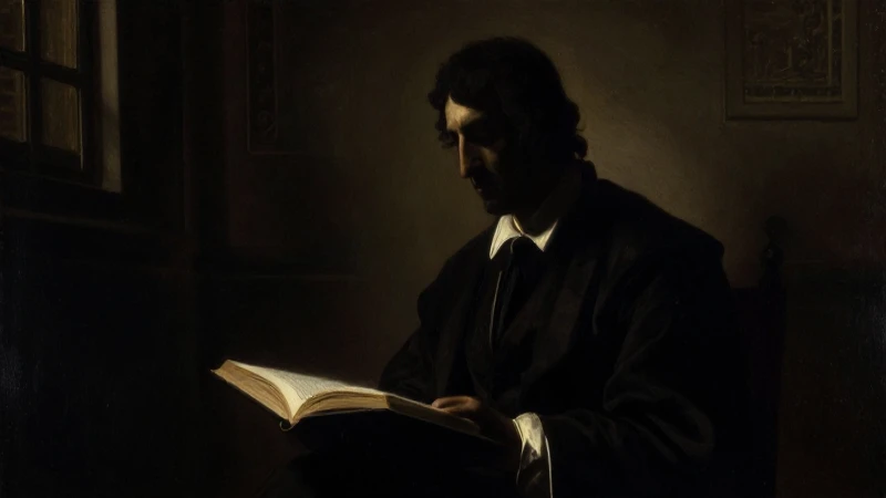 Filósofo en sombras, libro abierto, estilo clásico