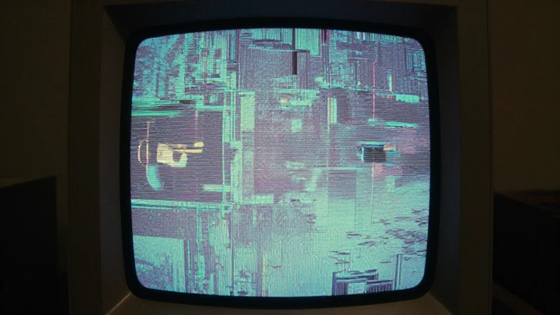 Pantalla retro muestra vídeo pixelado e iluminado