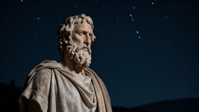 Demócrito medita bajo un cielo estrellado oscuro