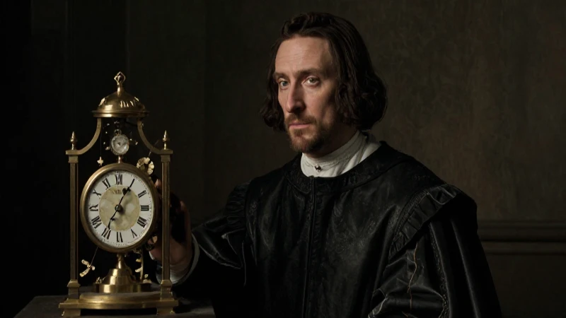 Conoces la línea del tiempo de la vida y legado de Descartes 6 Retrato renacentista con luz dramática y reloj antiguo
