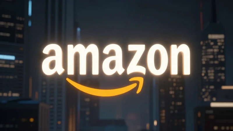 La línea del tiempo de Amazon: Historia desde su fundación 9 Logo iluminado sobre ciudad futurista dramática