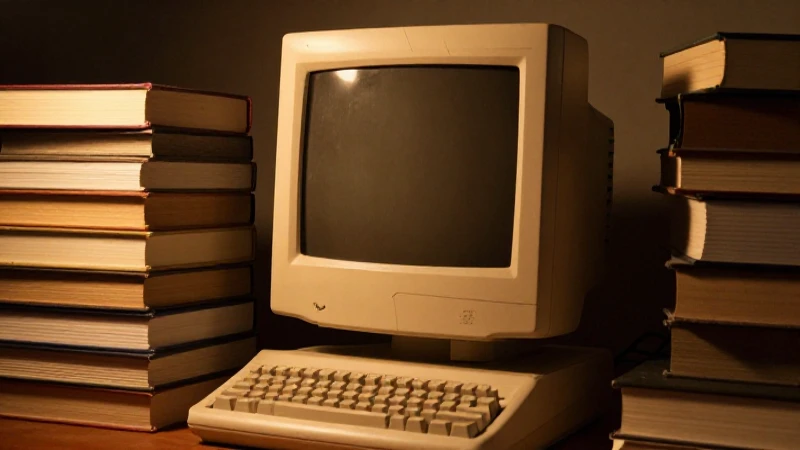 La línea del tiempo de Amazon: Historia desde su fundación 3 Ordenador antiguo, libros y luz cálida evocan nostalgia