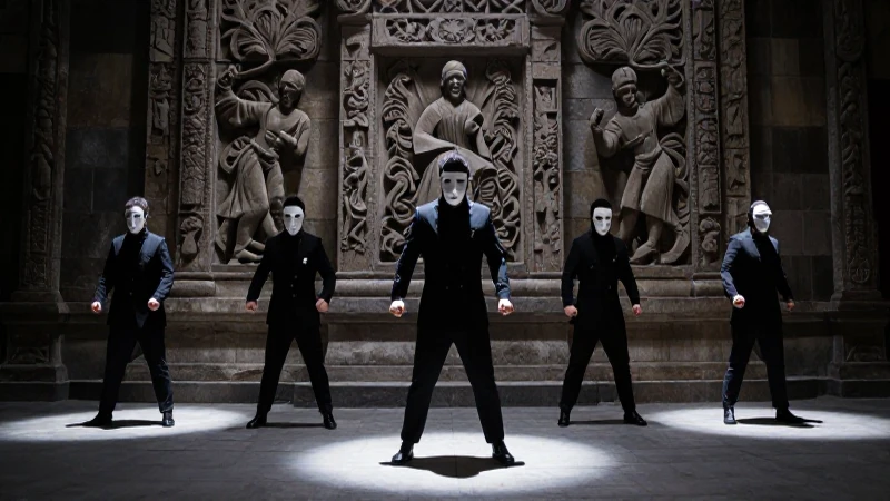 Bailarines enmascarados bajo luces dramáticas