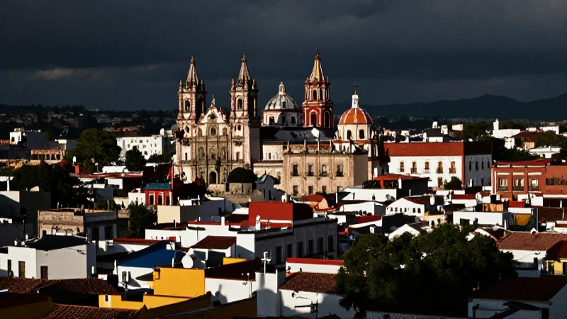 Ciudad histórica con arquitectura colonial iluminada