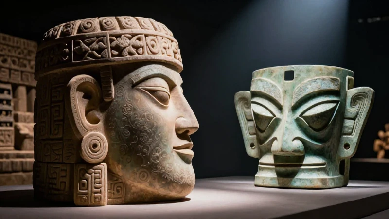 Cabeza olmeca, máscara de jade, ruinas antiguas