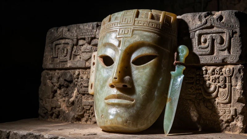 Máscara de jade olmeca entre ruinas antiguas