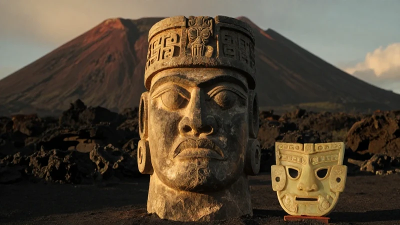 Cabeza olmeca iluminada en paisaje volcánico