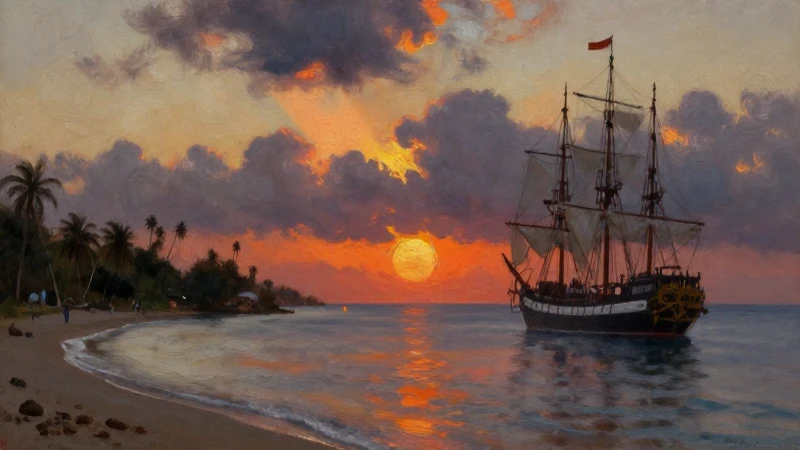 La línea del tiempo de los 4 viajes de Cristóbal Colón 5 Atardecer dramático sobre la isla caribeña