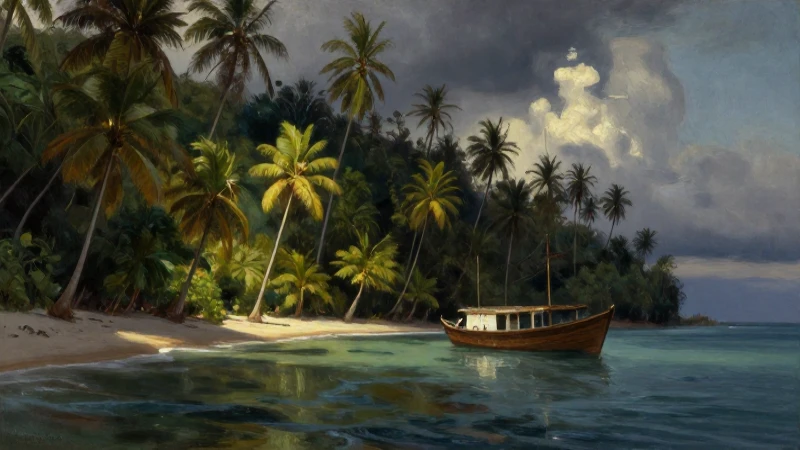 La línea del tiempo de los 4 viajes de Cristóbal Colón 6 Barco de Colón, playa exótica, realismo dramático