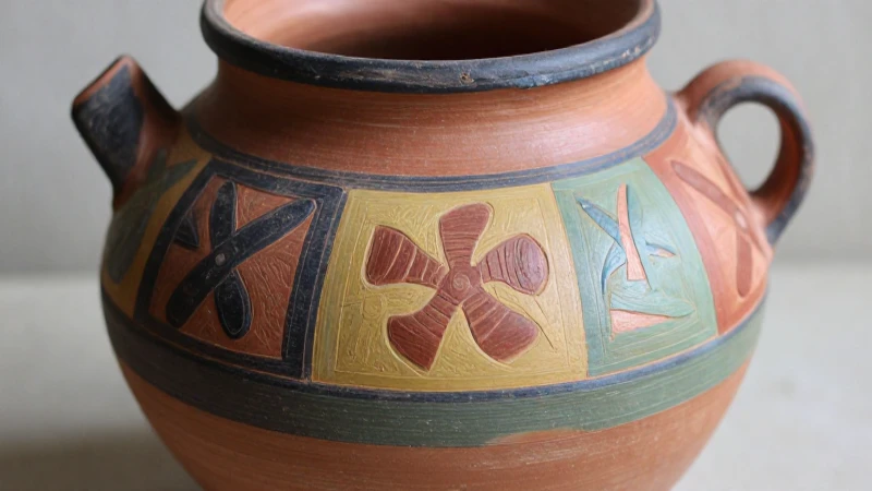 Cerámica mochica, colores vivos, luz suave