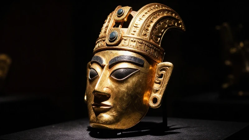 Guerrero moche con máscara dorada y dramatismo