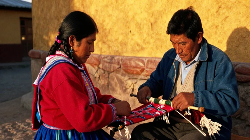 Qué culturas andinas han marcado la historia del Perú 3 Mujer aimara, hombre quechuita, luz dorada vibrante