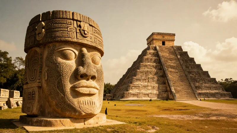 Cabeza Olmeca, pirámide Maya, luz dorada