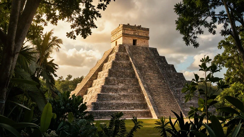 Pirámide Maya bajo luz dorada exuberante