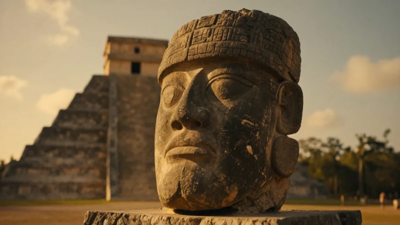 Cabeza olmeca, pirámide maya, luz dorada