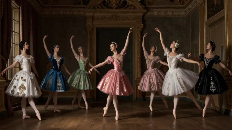 Bailarines con vestuarios opulentos, estilo barroco dramático