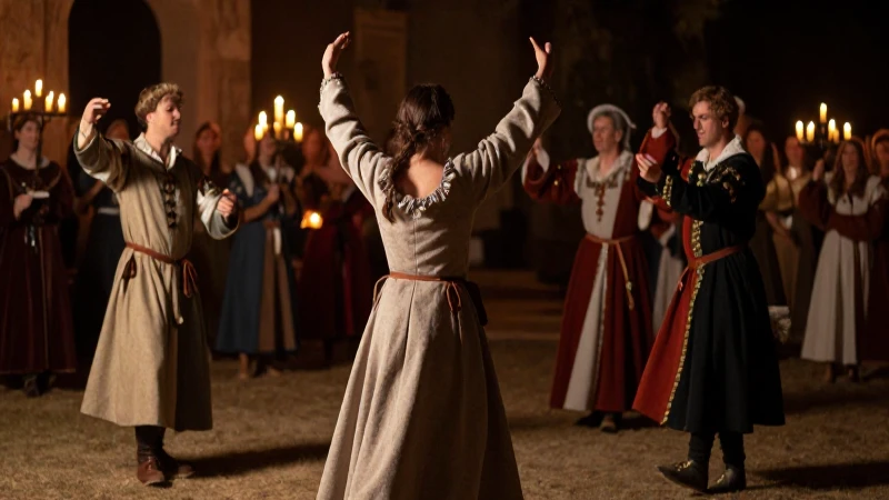 Bailarines medievales iluminados, estilo romántico