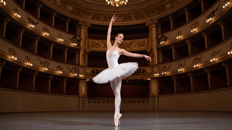 Bailarina blanca en teatro histórico iluminado