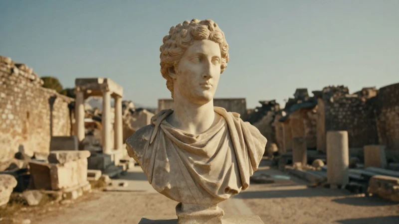 Busto griego antiguo entre ruinas soleadas