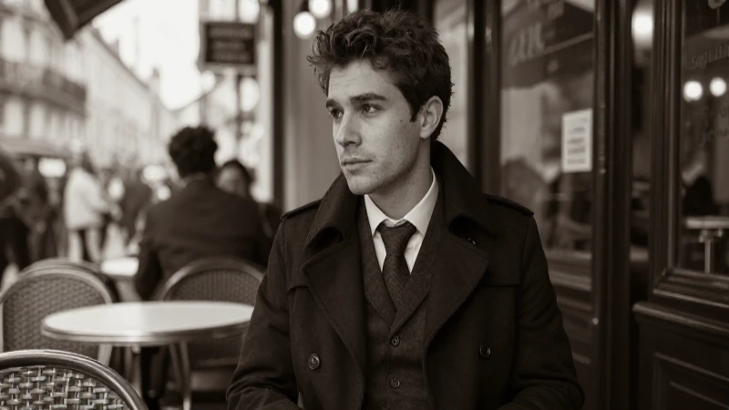 Hombre elegante en café parisino sepia