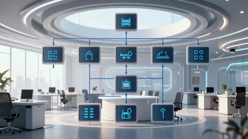 Organigrama estilizado, oficina futurista, iluminación cinematográfica