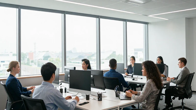 Equipo moderno trabaja en ambiente corporativo claro